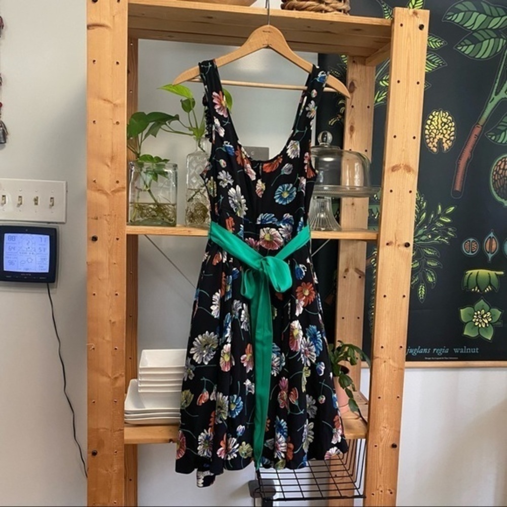 Anthropologie Moulinette Soeurs Black Floral Print Green Belt Sleeveless Dress - Picture 3 of 15